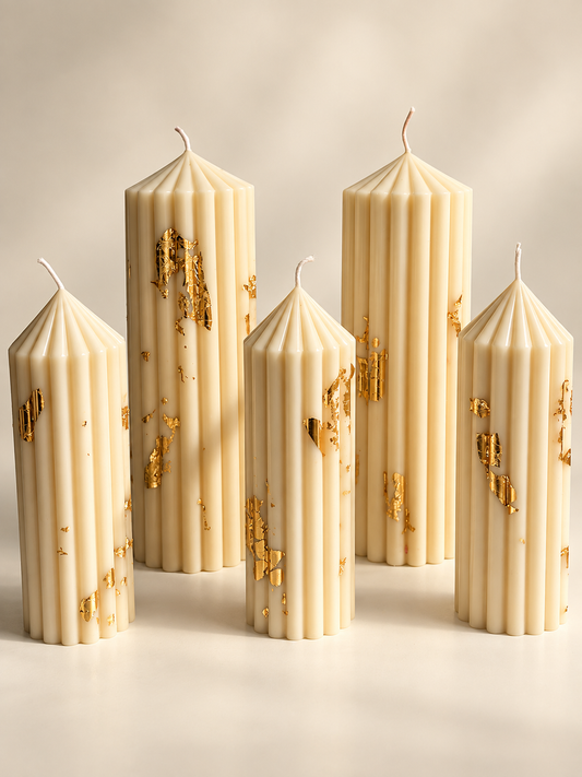 White Gold - Ribbed Pillar Candles - Set of 5