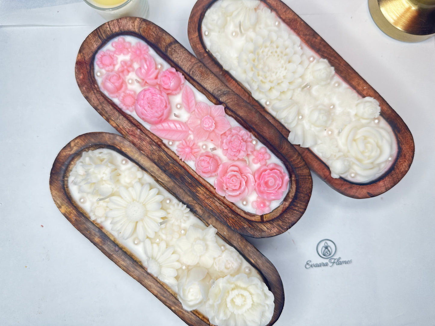 Long Wooden Base Floral Candle