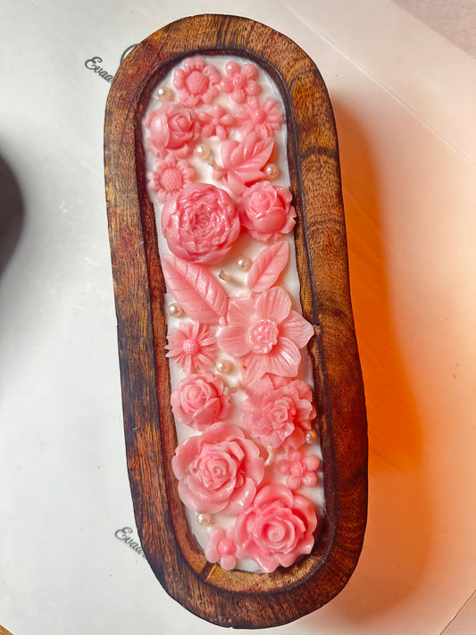 Long Wooden Base Floral Candle