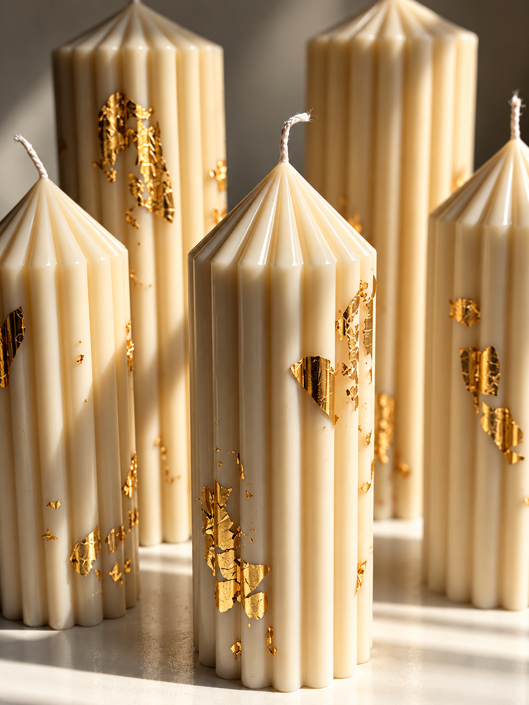 White Gold - Ribbed Pillar Candles - Set of 5