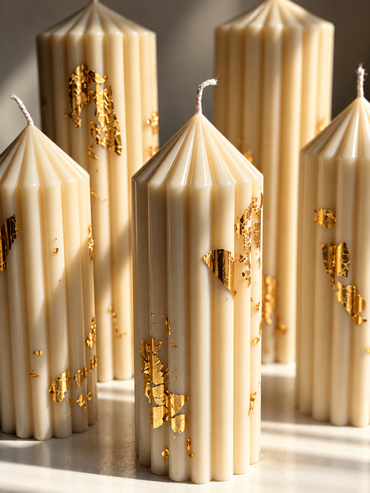 White Gold - Ribbed Pillar Candles - Set of 5