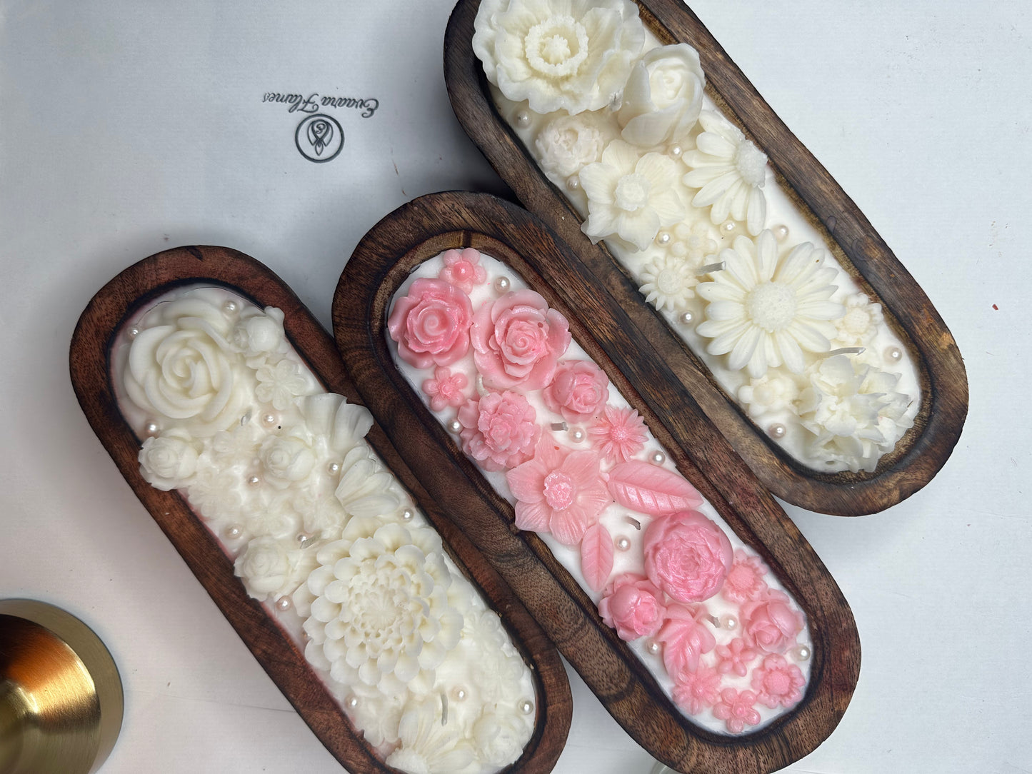Long Wooden Base Floral Candle