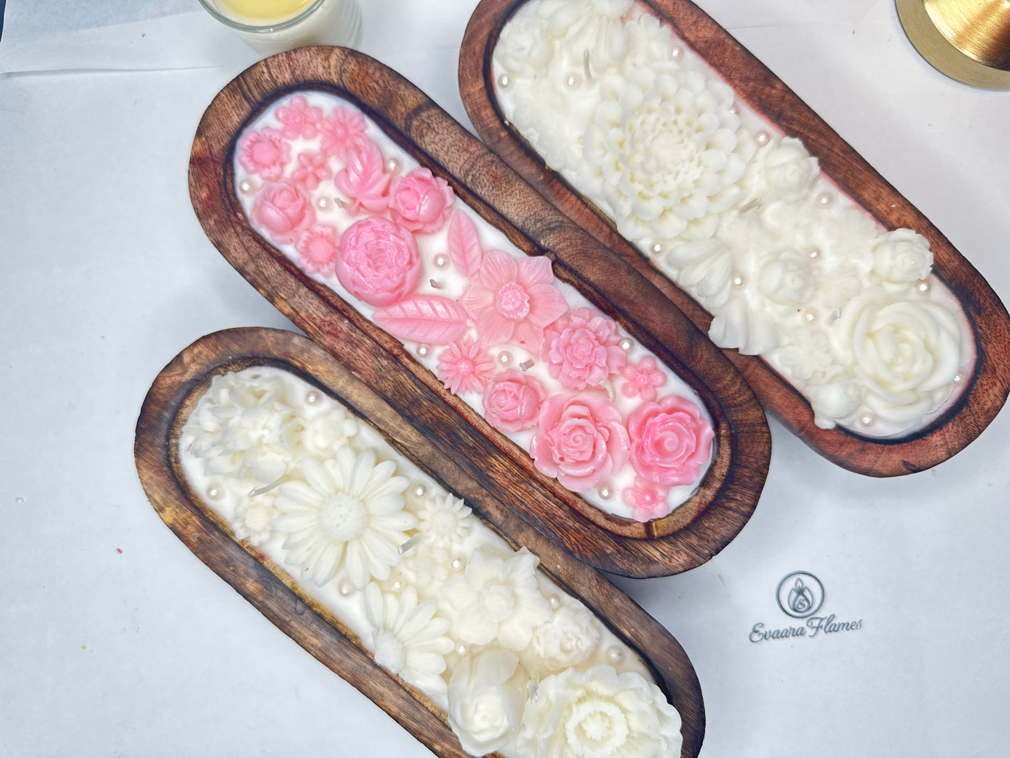 Long Wooden Base Floral Candle