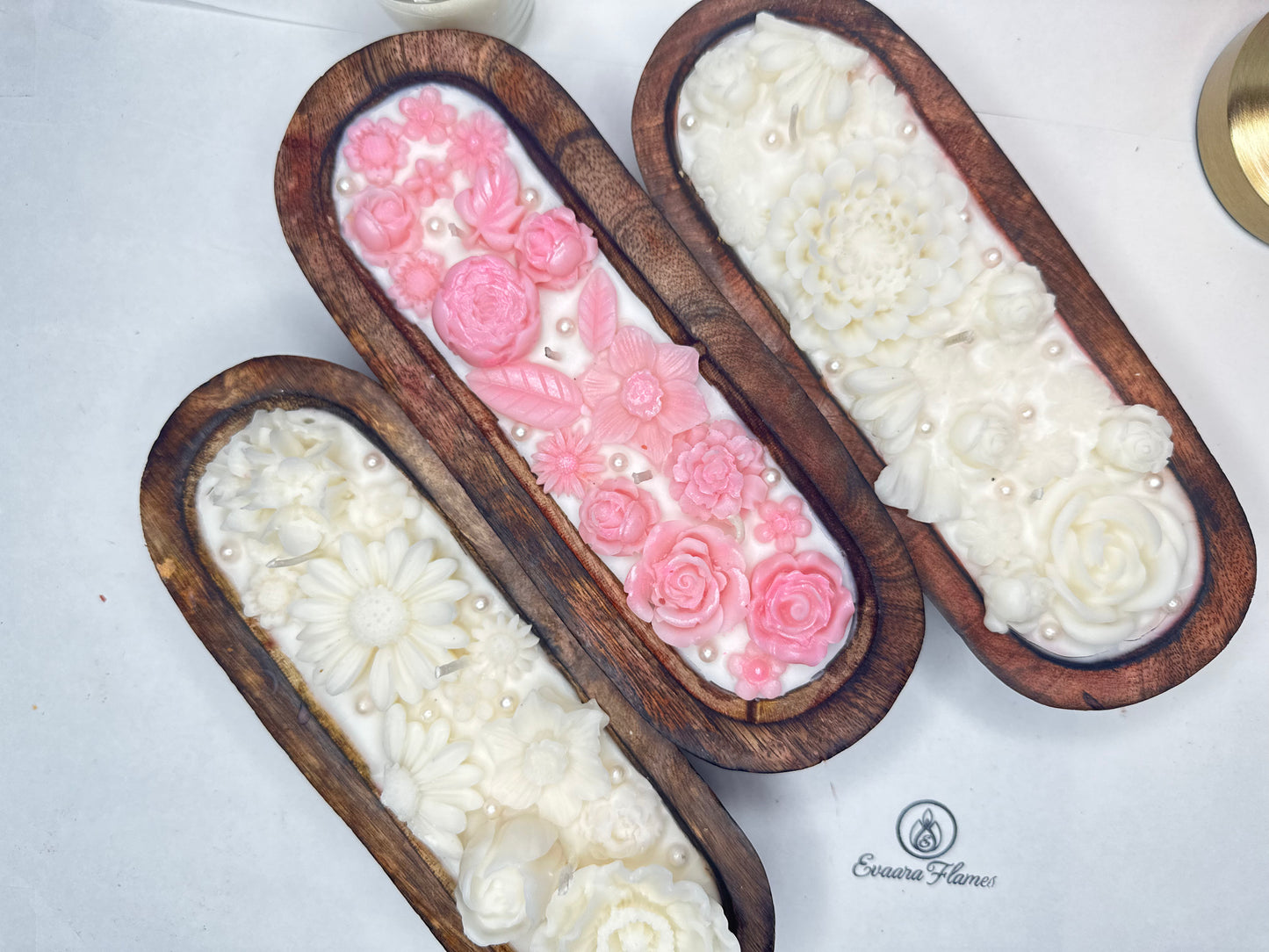 Long Wooden Base Floral Candle