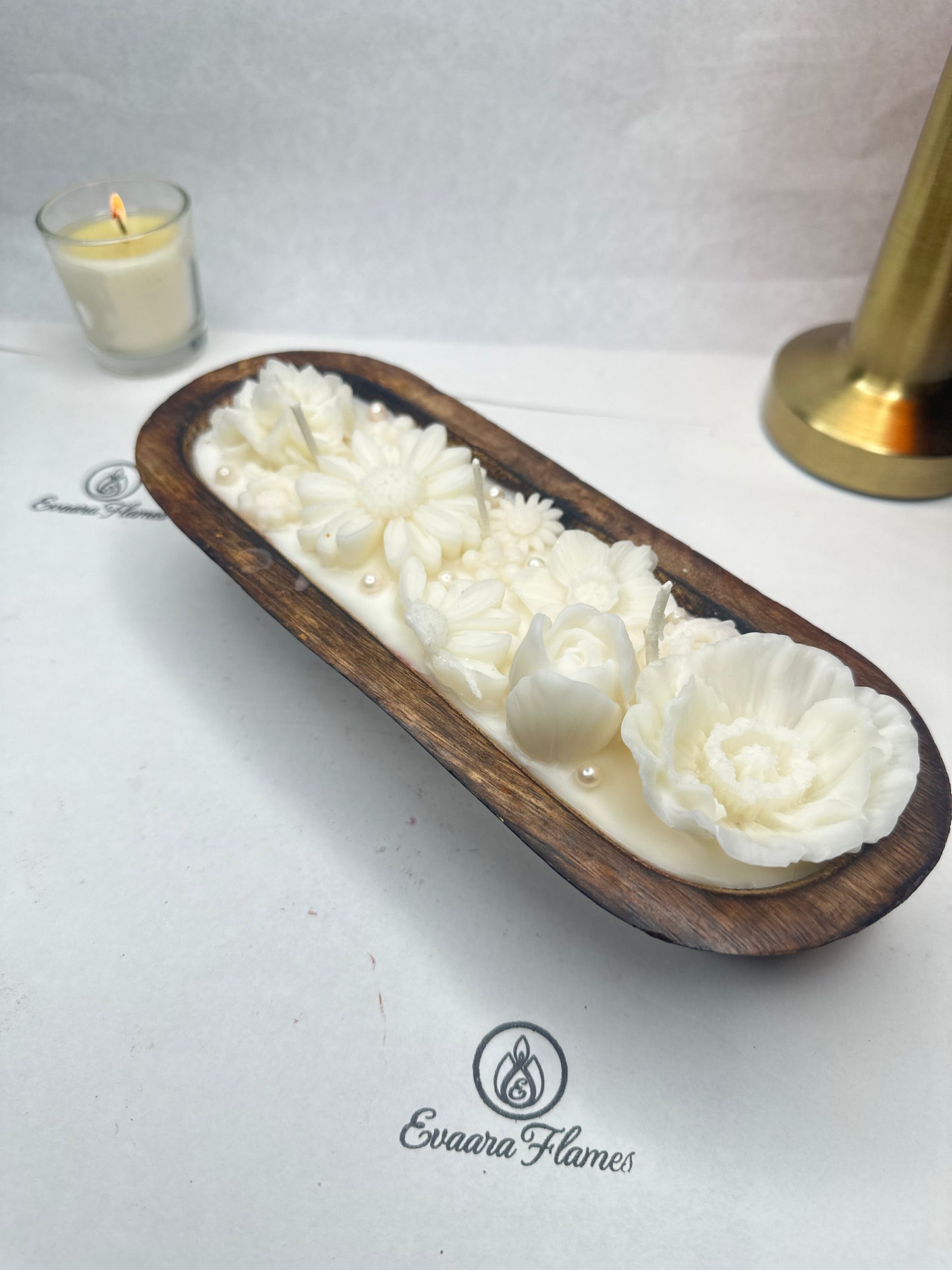 Long Wooden Base Floral Candle